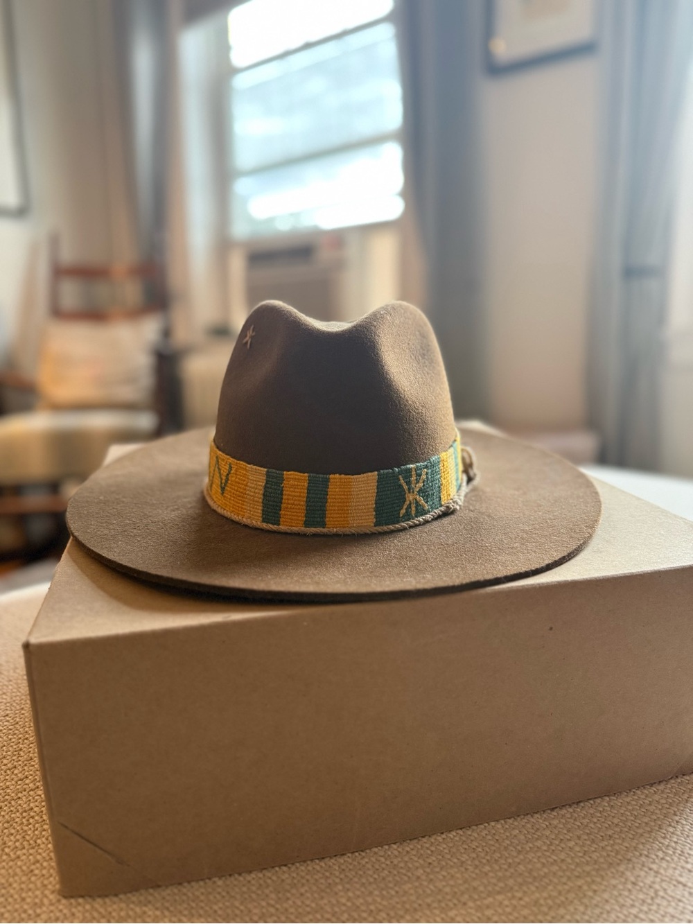 Brown Wool Fedora Hat with Yellow & Green Band